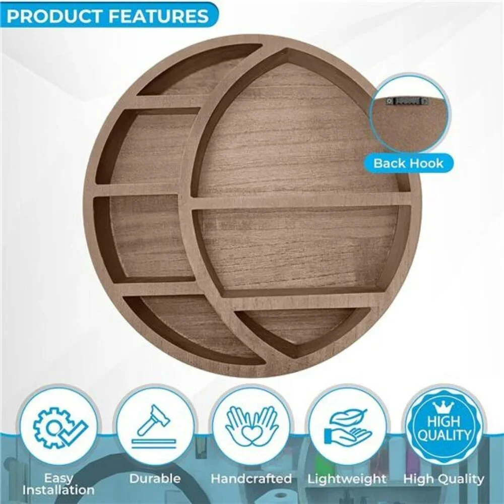 Wooden Moon Wall Shelf Boho Hanging Display Shelf Crystal Storage Decor